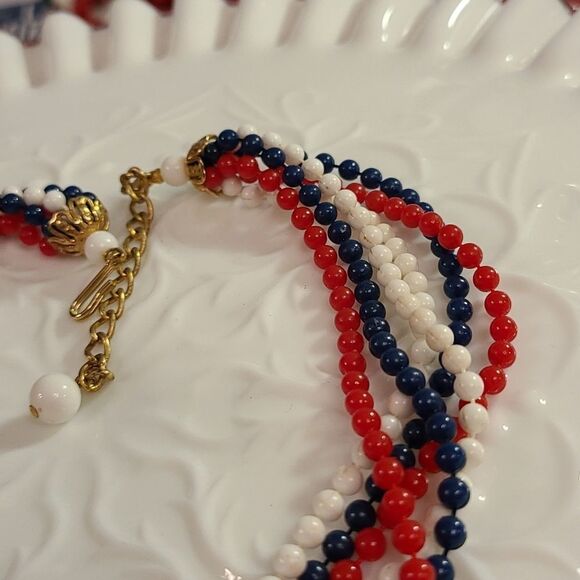 Vintage Multi Strand Red, White and Blue Necklace - Picture 9 of 13